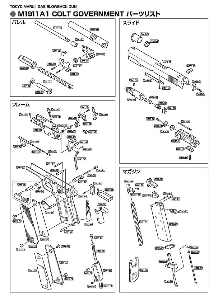 Tokyo Marui M1911A1 Colt Government exploded parts diagram