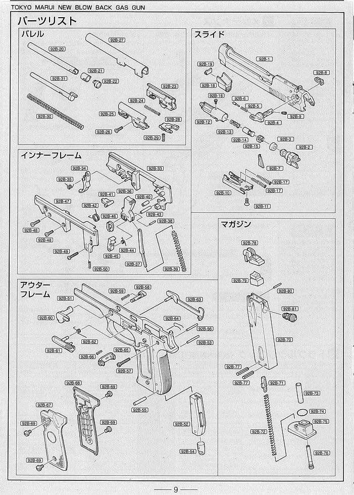 Tokyo Marui M92F Military Model exploded parts diagram
