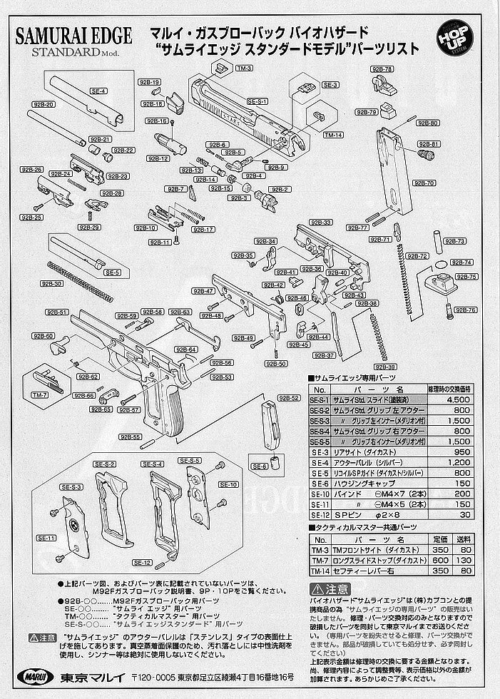 Tokyo Marui Samurai Edge Standard Model exploded parts diagram